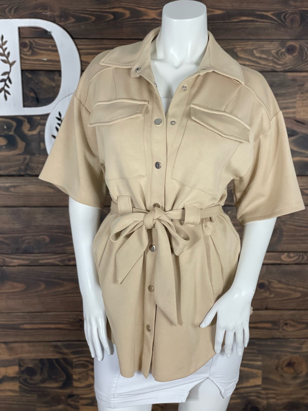 privy | Sandstone Tan‎ Utility Pea Coat Tie Waist Round Hem Super Soft Button Up